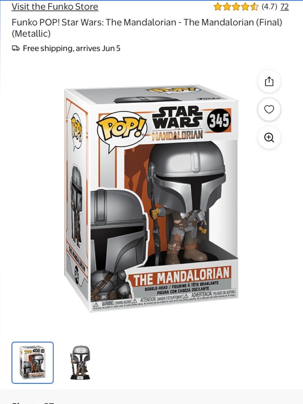 FUNKO Star Wars The Mandalorian Metallic Silver Pop! Vinyl Figure